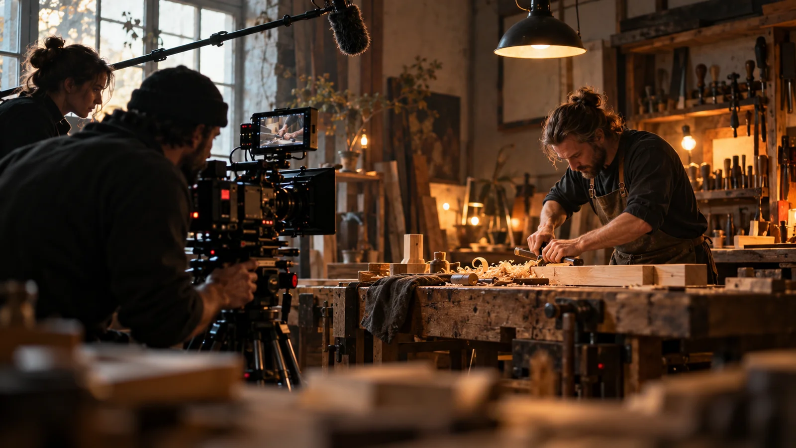 Concept scene of a film crew documenting a craftsperson’s workshop